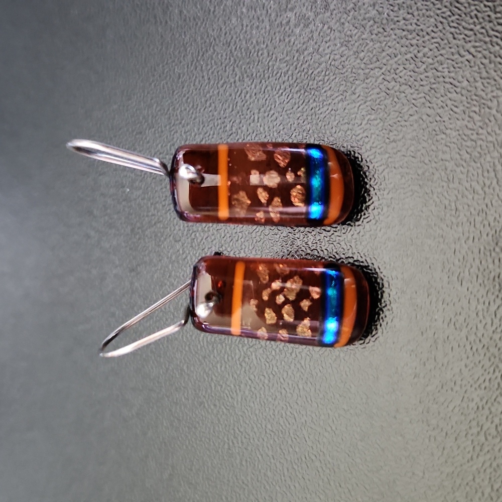 Glass rectangular drop earrings amber blue